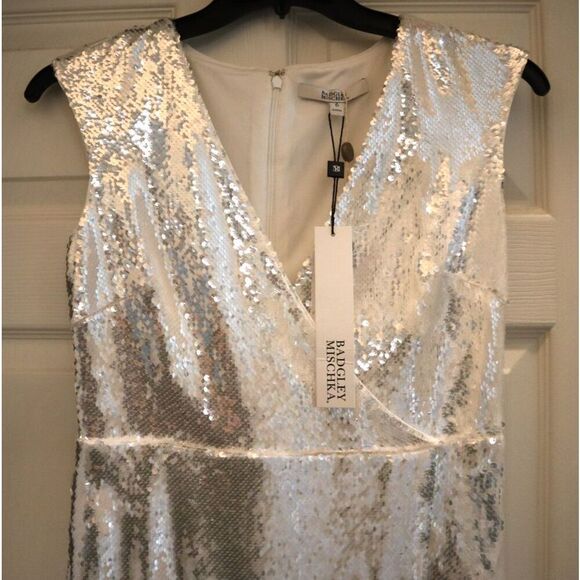 Badgley Mischka SC2538 Women's Sz 6 White Sequined Cocktail Midi Dress - Picture 3 of 12